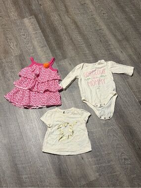 Pink Ruffle Baby Dress with Orange Flower Accent white onesie & short sleeve C1